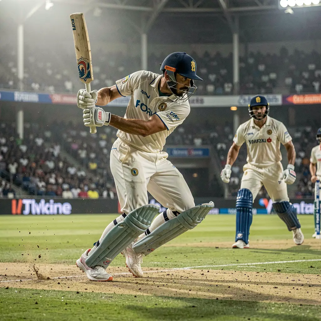 Professional cricket players competing in a tense match with full stadium lights reflecting the high stakes environment where users can bet on 42OK in Bangladesh