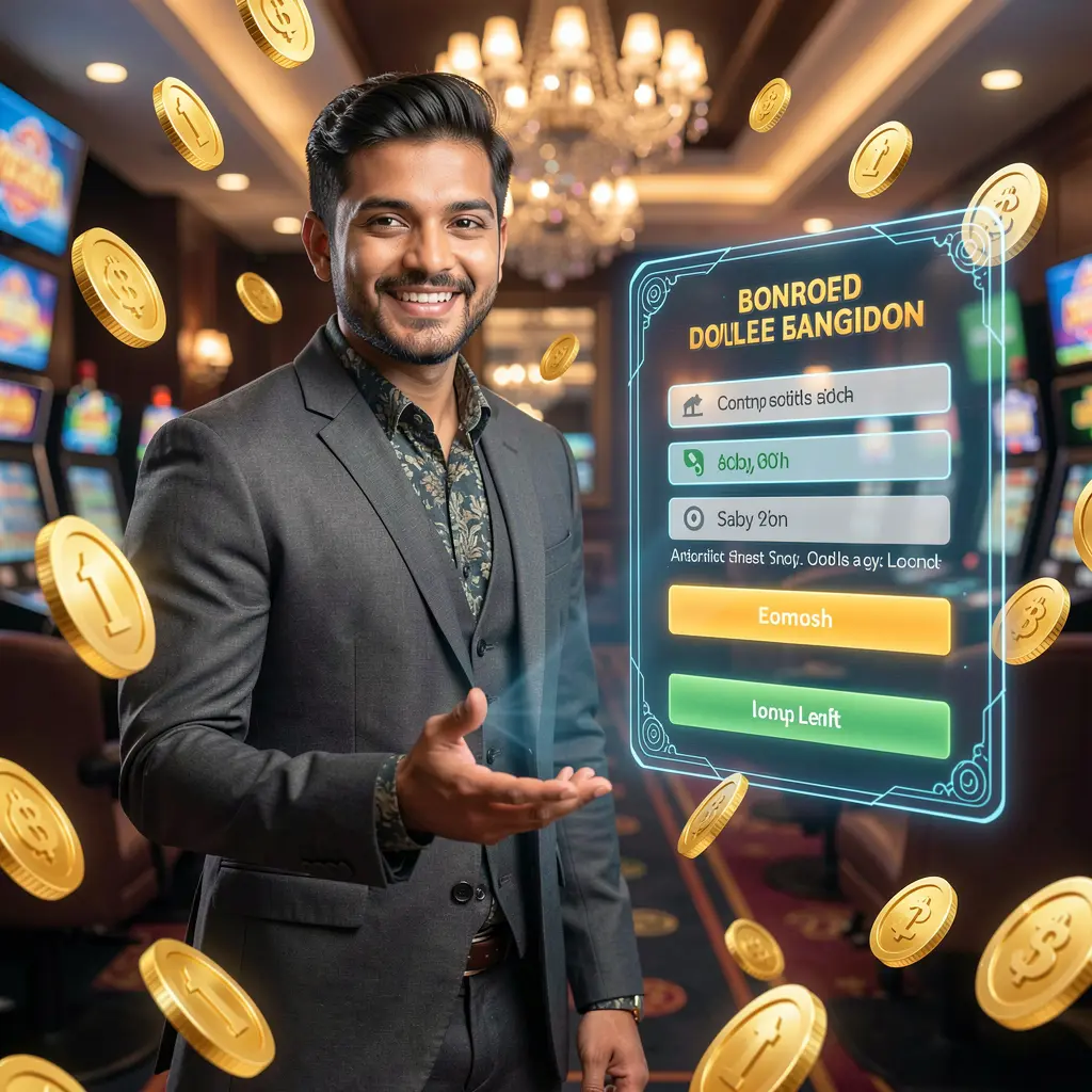 Stylish Bangladeshi casino host welcoming players to the 42OK login platform with glowing casino lights and golden coins